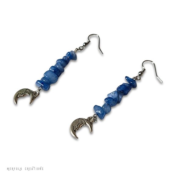 Blue Quartz Crystal and Moon Dangle Earrings - Picture 2 of 5